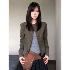 批发美式麂皮立领短款夹克女秋季都市工装风收腰外套通勤百搭<b class='q'>休闲</b>上衣