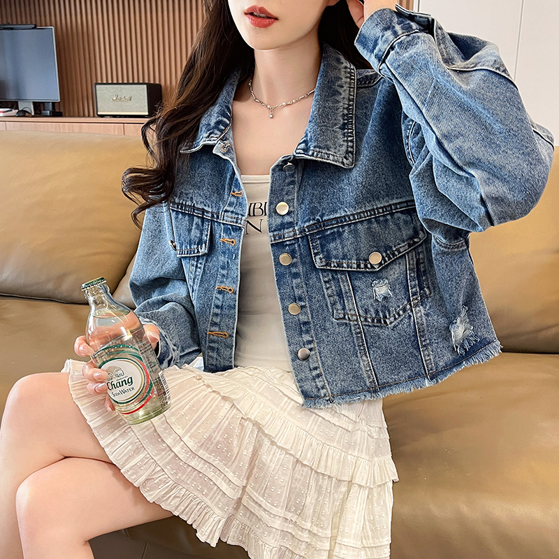 디자인 센스 캐주얼 패션 다용도 POLO 칼라 찢어진 부분 싱글 줄 버튼 긴팔 데님 거친 가장자리 쇼트 스타일 재킷 맨위 여성