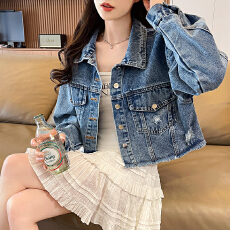 批发设计感休闲时尚百搭polo领破洞单排扣长袖牛仔毛边短款外套上衣女