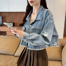 批发气质<b class='q'>短款</b>牛仔外套女生春秋2026韩版宽松小个子百搭夹克开衫上衣潮