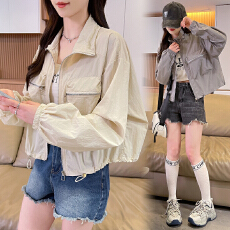 批发工装开衫外套女夏季2026新款小个子短款<b class='q'>修身</b>立领防晒夹克