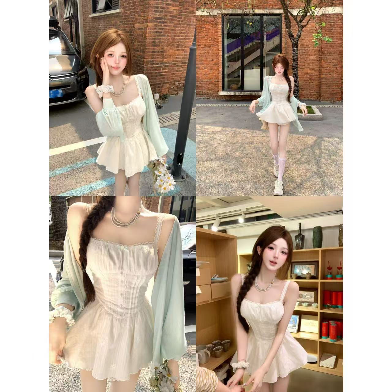 루이 茜 웨이 Sher S 작은 흰색 꽃 봄 여름 학원 스타일 해군 칼라 중국 스타일 의류 맨위 치마 r9432-1d