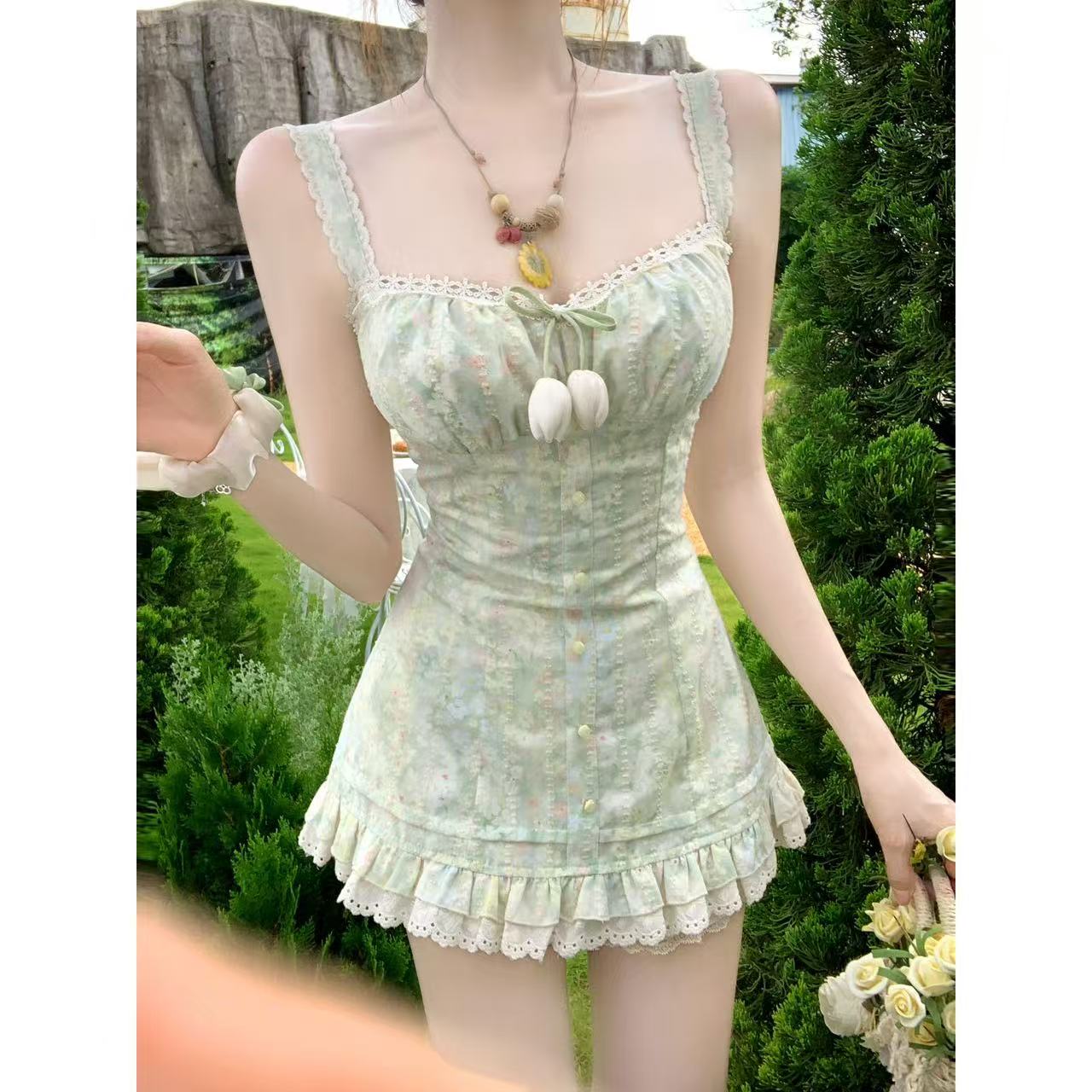 루이 茜 웨이 Sher S 튤립 여름 순수한 욕망 바람 작은 대중 디자인 오픈 가디건 드레스 r3762w