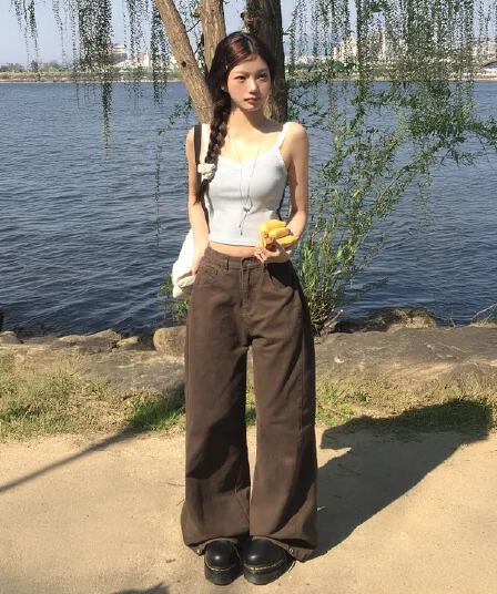 측면 언론 세 착용 면 소재 와이드 레그 팬츠 5 색