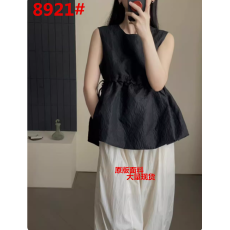 批发韩系设计感系带收腰小裙摆套头背心上衣女夏季气质圆领无袖娃娃衫