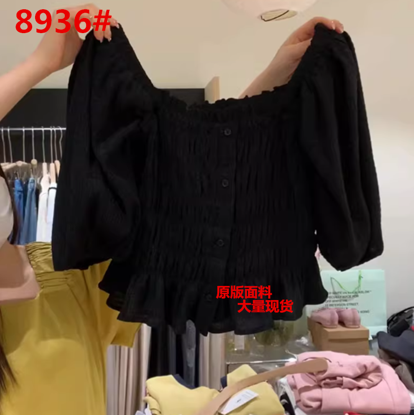지금 유럽 역 유럽 상품 쉬폰 반팔 셔츠 여름 얇은 스타일 거품 소매 허리 수축 광장 칼라 쇄골 반소매 맨위