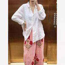 批发早秋慵懒松弛感穿搭复古田园度假风薄款花卉印花<b class='q'>亚麻</b>条纹阔腿裤女