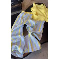 批发美式复古小个子高腰显瘦阔腿裤炸街又a又飒蓝色条纹休闲裤女春季