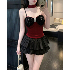 批发实拍纯欲性感重工亮片拼接吊带<b class='q'>女</b>设计感辣妹修身显瘦小黑裙套装<b class='q'>女</b>