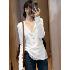 批发<b class='q'>不规则</b>白色蕾丝拼接假两件打底衫女内搭秋冬设计感半开领长袖上衣