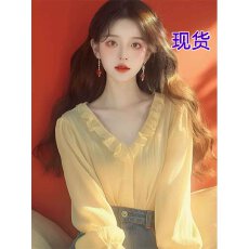 批发春日黄色雪纺衬衫2026欧货小衫爆款法式绝美蕾丝v领上衣女高级感