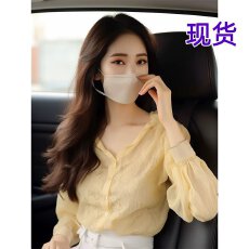 批发春日黄色雪纺衬衫2026欧货小衫爆款法式绝美蕾丝v领上衣女高级感