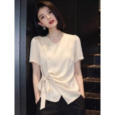 批发2026夏季新款时尚纯色系带短袖T恤高级通勤风小众气质设计感上衣