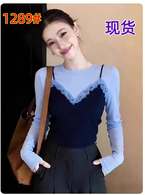 봄 페이크 레이어드 배색 맨위 작은 대중 프로 피부 슬림해 보이는 긴팔 작은 셔츠 Chic 연령 감소 티셔츠 한국 스타일 기본 셔츠