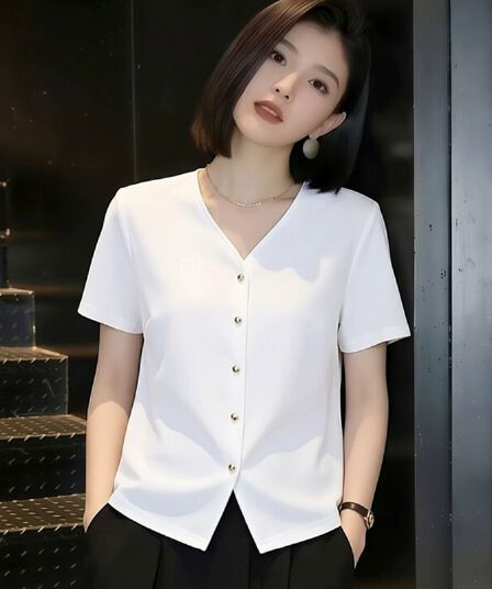 pllfs 패션 화이트 미니멀리즘 V넥 여성 셔츠 2026 여름 새로운 반팔 루즈핏 캐주얼 오픈 가디건 맨위