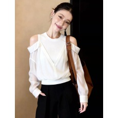 批发春季纯欲辣妹镂空露肩<b class='q'>长袖</b>白色<b class='q'>衬衫</b><b class='q'>女士</b>设计感小众巨好看绝美上衣