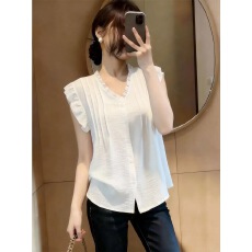 批发休闲风V领木耳边短袖小衫女夏季大码<b class='q'>胖</b>妹妹简约时尚气质百搭上衣