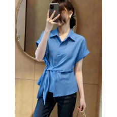 批发黄色V领正肩短袖衬衫女2026夏新款大码<b class='q'>胖</b>mm<b class='q'>洋气</b>小衫绑带收腰上衣