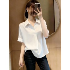 批发韩版休闲气质翻领衬衫女夏季大码<b class='q'>胖</b>妹妹通勤时尚显瘦百搭白色上衣