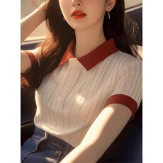 批发品牌外贸撤柜捡漏简约杏色POLO领<b class='q'>短袖</b><b class='q'>T</b><b class='q'>恤</b>女百搭显瘦小衫