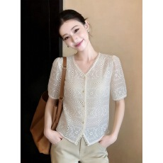 批发法式V领刺绣镂空短袖蕾丝衬衫女2026夏季新款温柔风显瘦气质上衣