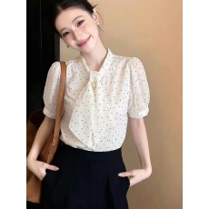 批发法式温柔风白色波点短袖衬衫2026夏季<b class='q'>新款</b>设计蝴蝶结飘带气质上衣