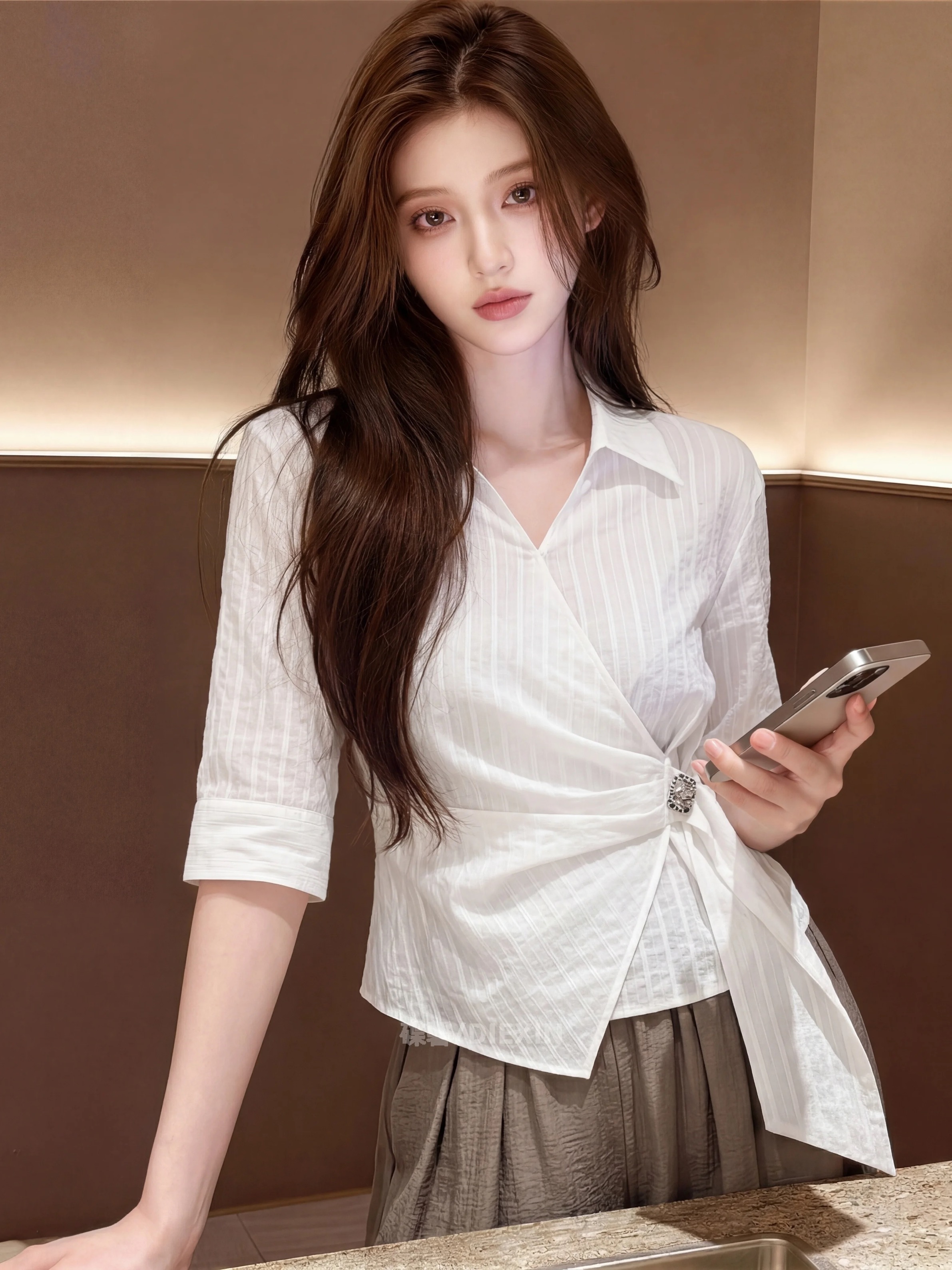 2026 여름 새로운 디자인 센스 리본 허리 수축 셔츠 여성 화이트 폴로 칼라 불규칙 반팔 품격 맨위