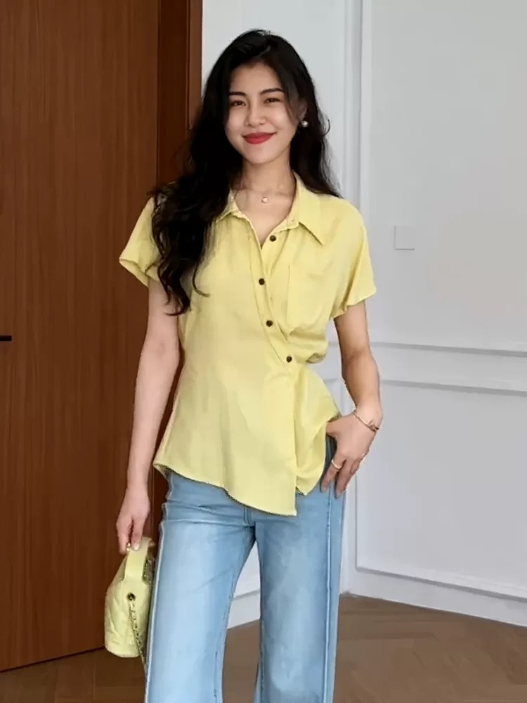 빅 사이즈 품격 연령 감소 스트랩 꼬집기 허리 폴로 칼라 반팔 여성 셔츠 여름 지방 mm 슬림해 보이는 불규칙 작은 셔츠 맨위