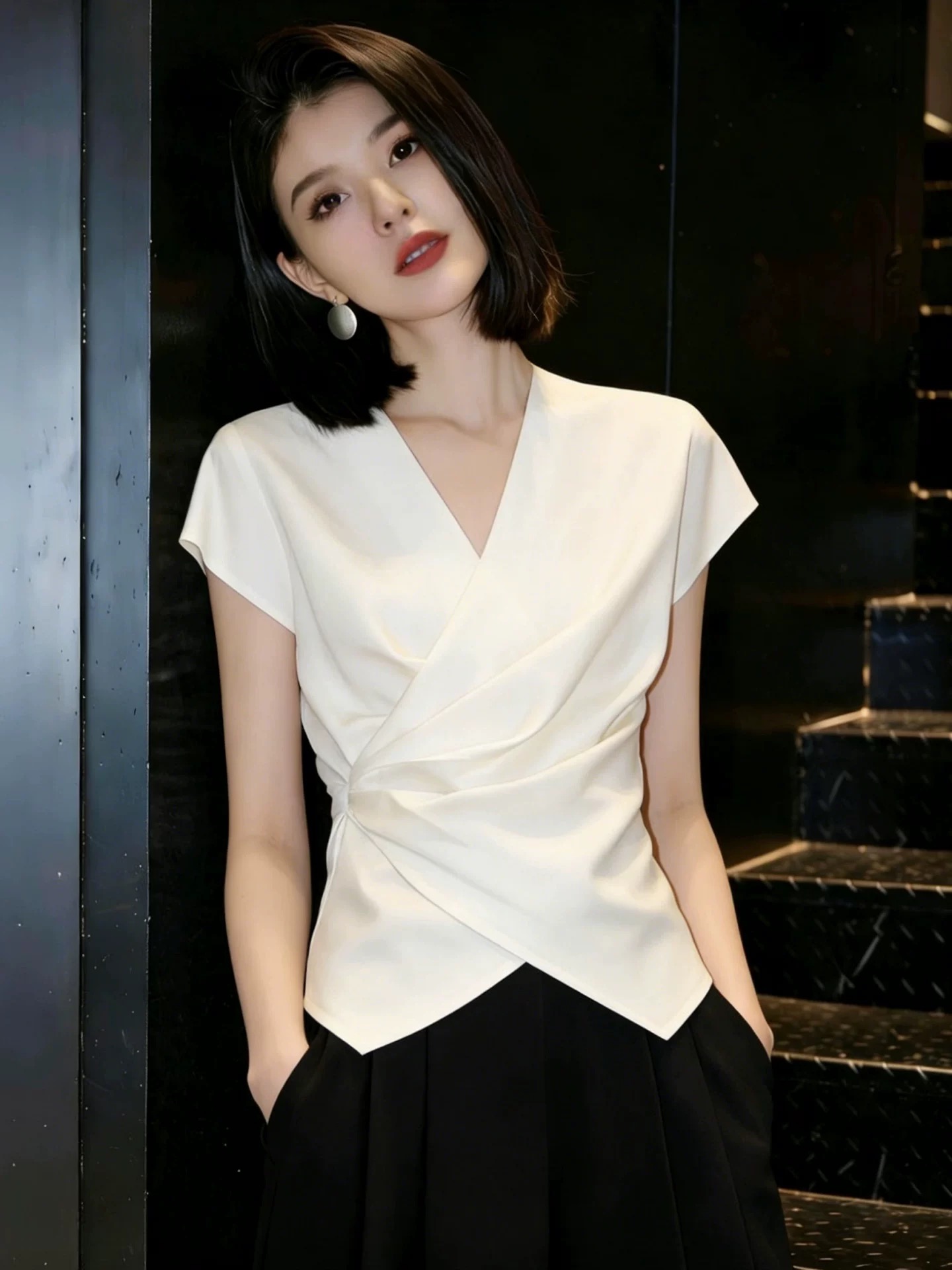 프랑스식 빛 럭셔리 베이지 색 V 넥 셔츠 여자 반팔 2026 새로운 품격 맨위 십자가 비틀림 기본 셔츠