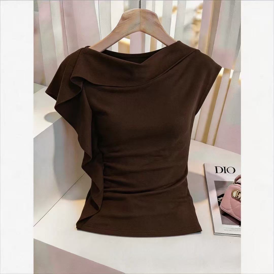 2026 여름 새로운 Chic 패션 반팔 티셔츠 여성 디자인 센스 작은 대중 흔들다 칼라 빛 요리 한 다용도 슬림해 보이는 맨위