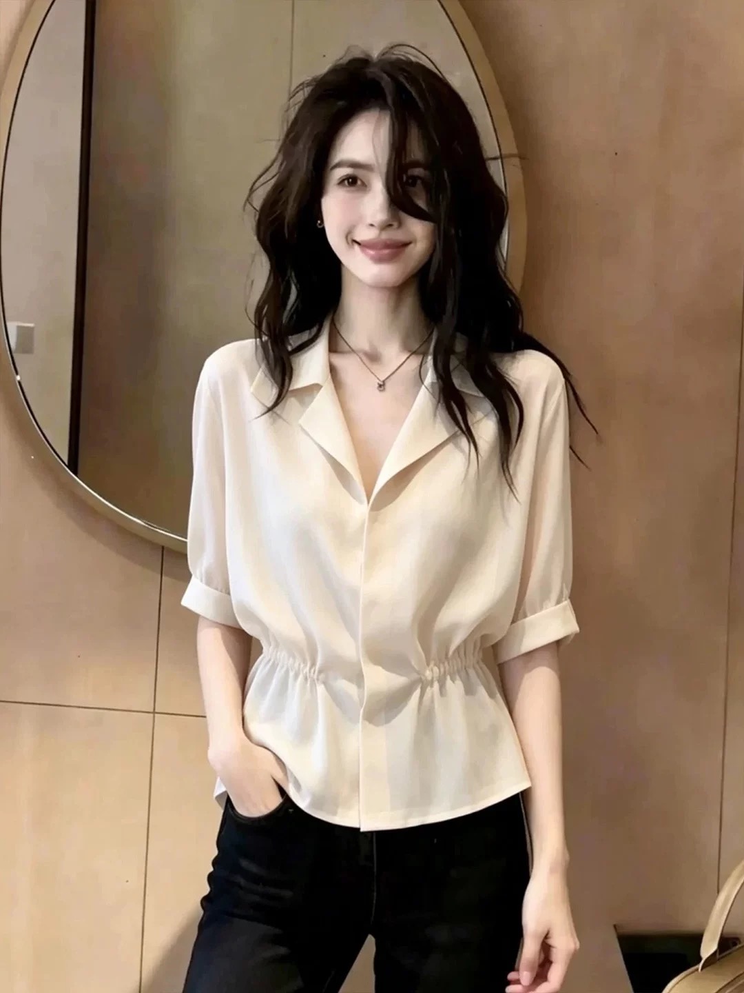 고유 한 Chic 프랑스식 빛 요리 한 미니멀리즘 바람 허리 수축 여성 셔츠 2026 여름 새로운 부드러운 출퇴근 자외선 차단 맨위