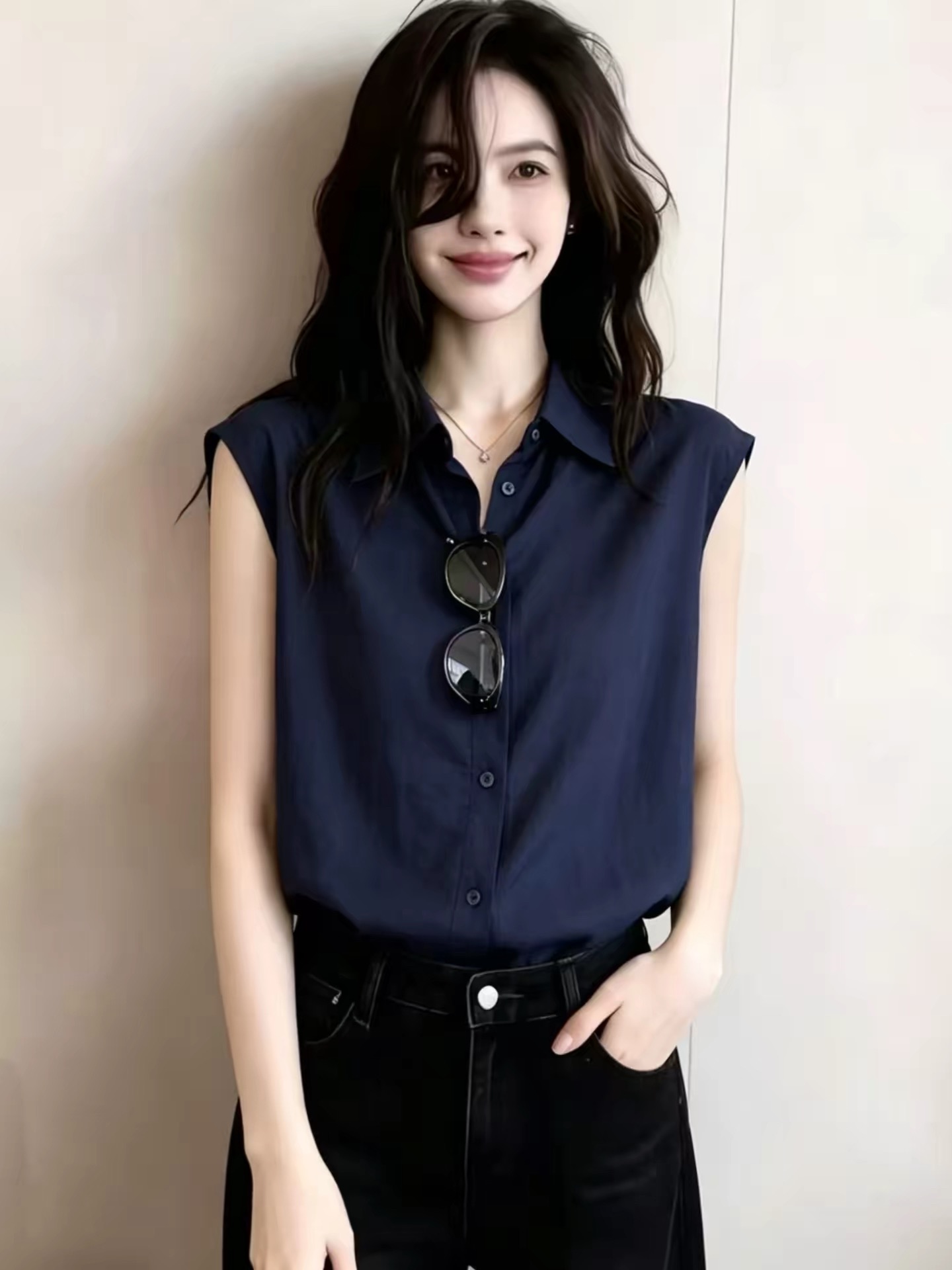 출퇴근 착용 가져 가라. POLO 칼라 민소매 셔츠 셔츠 여자 2026 새로운 여름 고유 한 슈퍼 잘 생긴 싱글 착용 맨위