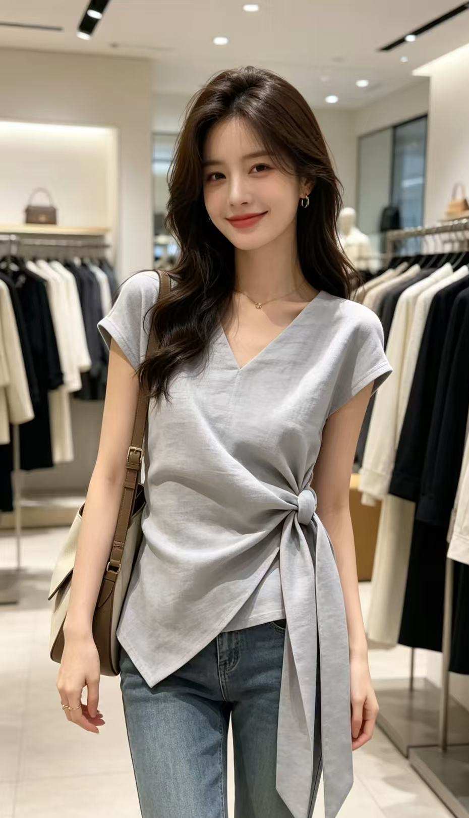 아메리칸 레트로 회색 V넥 레이스업 반팔 여성 셔츠 여름 새로운 디자인 센스 작은 대중 Chic 작은 셔츠 맨위