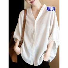 批发极简风白色亚麻防晒衬衫女2026新款夏薄款V领<b class='q'>蝙蝠</b>袖气质女士上衣