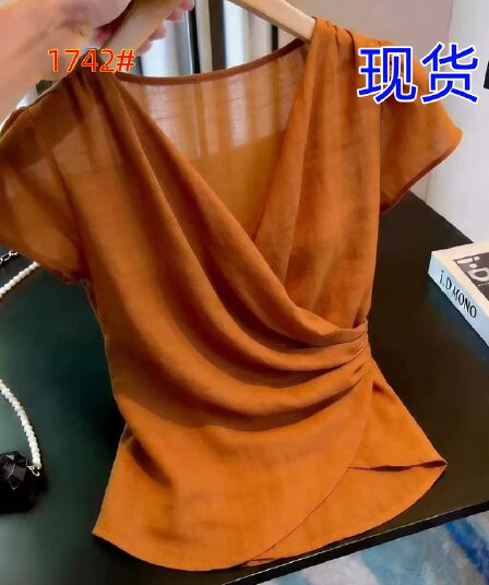 프랑스식 우아함 바람 V넥 주름 반팔 여성 셔츠 여름 허리 수축 디자인 센스 셔츠 작은 대중 출퇴근 풀오버 맨위