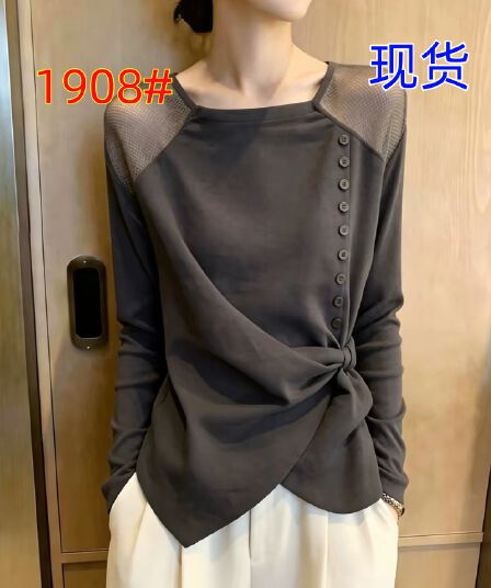 한 부서 디자인 센스 회색 긴팔 티셔츠 여성 가을 새로운 단추 장식 망사 패치워크 라운드 넥 연령 감소 맨위
