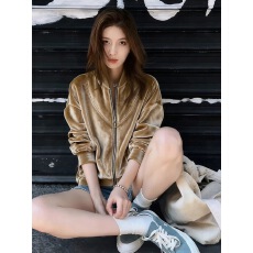 批发韩版时尚金丝绒双拉链外套女秋<b class='q'>冬</b>季新款气质休闲宽松百搭长袖上衣