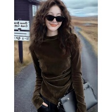 批发金丝绒咖色不规则长袖T恤女秋季新款内搭可外掐腰<b class='q'>上衣</b>
