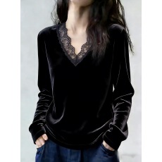 批发黑色V领蕾丝拼接丝绒<b class='q'>上衣</b>女2026秋季新款长袖高级感显瘦大码内搭