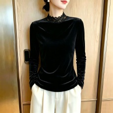 批发蕾丝拼接半高领<b class='q'>打底衫</b>女长袖t恤春秋冬新款气质显瘦<b class='q'>黑色</b>丝绒上衣