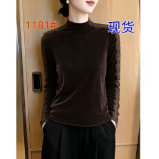 批发高级感老钱风蕾丝拼接丝绒t恤上衣女秋季2026新款爆款气质<b class='q'>打底衫</b>