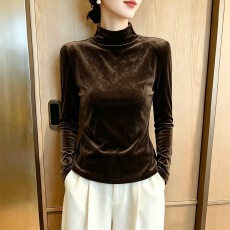 批发咖色丝绒高领打底衫女长袖t恤秋冬<b class='q'>新款</b>修身显瘦内搭短款气质上衣