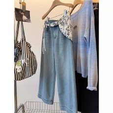 批发2026夏季韩式新款<b class='q'>高腰</b>显瘦设计感宽松九分直筒牛仔裤女百搭阔腿裤