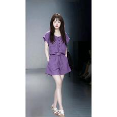 批发时尚2026炸街紫色<b class='q'>衬衫</b>短裤两件套装高级感减龄夏装网红搭配一整套