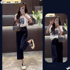 批发夏季套<b class='q'>装</b>女2026新款字母印花撞色短袖针织衫上衣阔腿休闲裤两件套