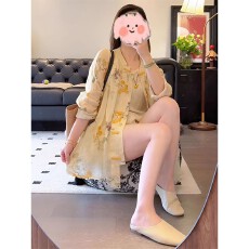 批发中式国风女装 新款夏季黄色盘扣碎花防晒衬衫<b class='q'>休闲</b>短裤子两件套