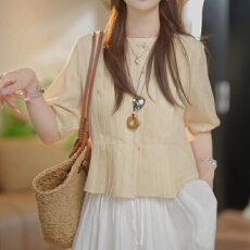 批发法式风琴褶皱设计五分<b class='q'>袖</b>防晒衬衫女2026新款夏季薄款透气百搭<b class='q'>上衣</b>