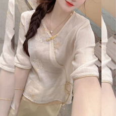 批发新中式国风套<b class='q'>装</b>女2026夏季新款斜襟盘扣防晒衬衫直筒<b class='q'>休闲裤</b>两件套