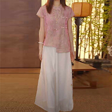 批发新中式国风套装<b class='q'>女</b>2026新款夏季斜襟盘扣防晒衬衫垂感上衣