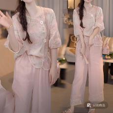 批发慵懒感新中式设计感时尚<b class='q'>套装</b>女 夏新款上衣纯色<b class='q'>休闲</b>裤两件套